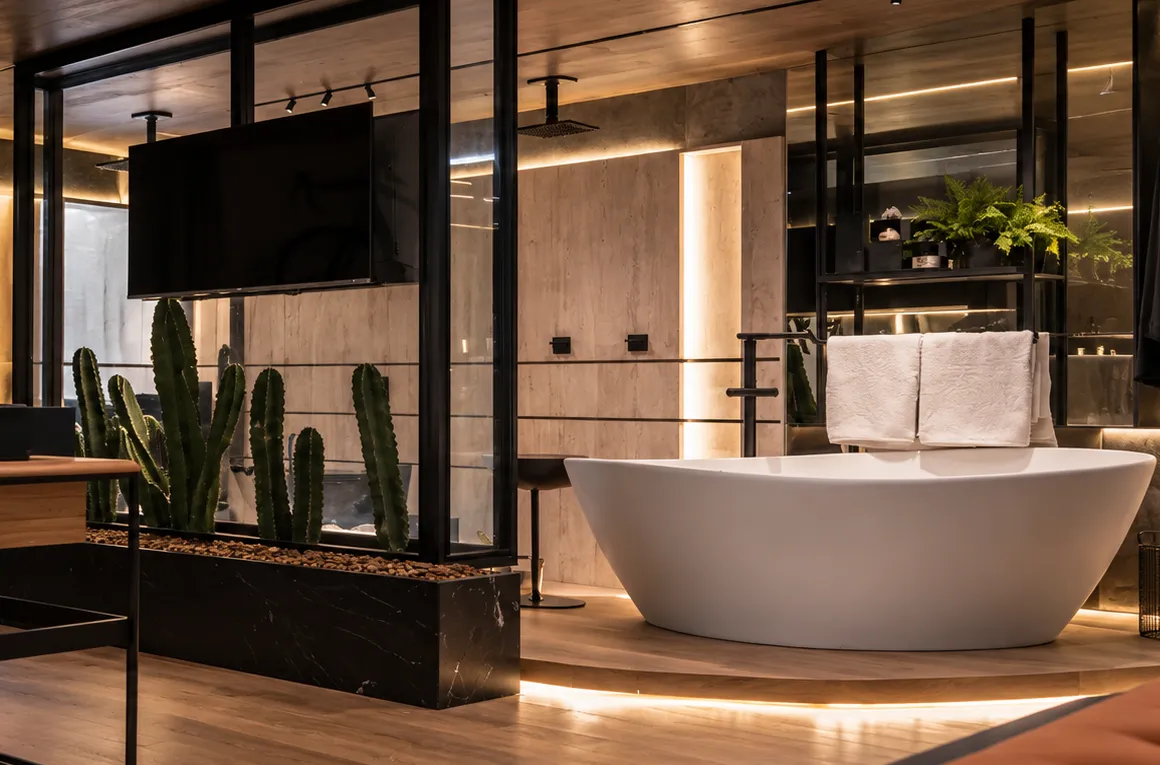 Banheira freestanding em área de banho com estrutura metálica e cactos