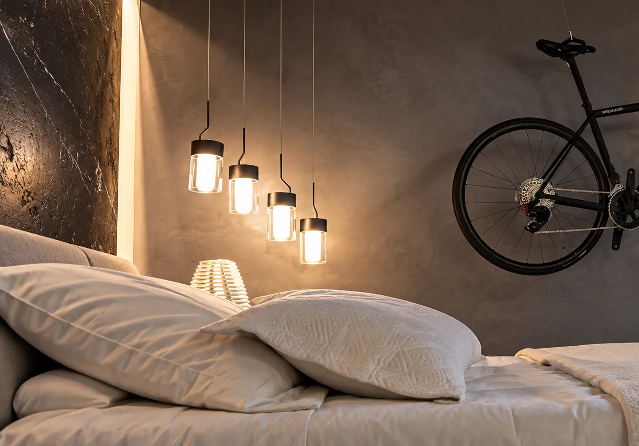 Cama com almofadas claras, pendentes de vidro e bicicleta suspensa na parede