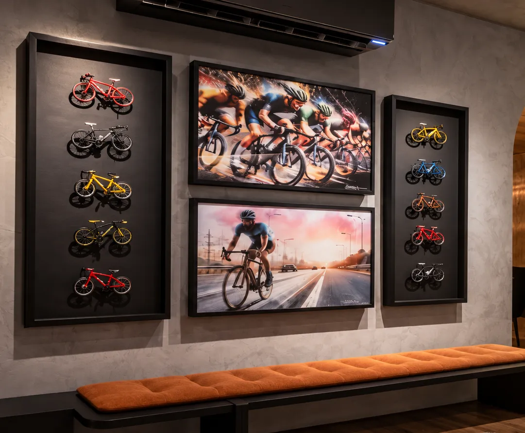 Parede com quadros de ciclismo e miniaturas de bicicletas em nichos iluminados
