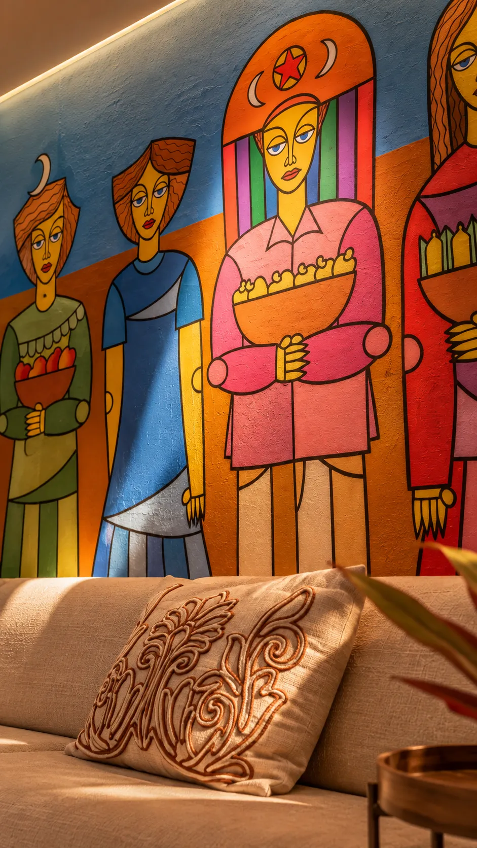 Detalhe do painel com figuras nordestinas sobre almofada bordada