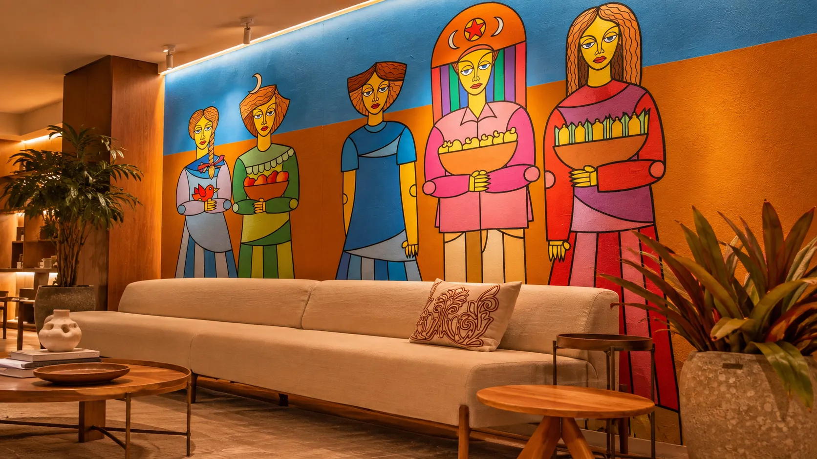 Sofá claro diante de painel colorido com figuras nordestinas