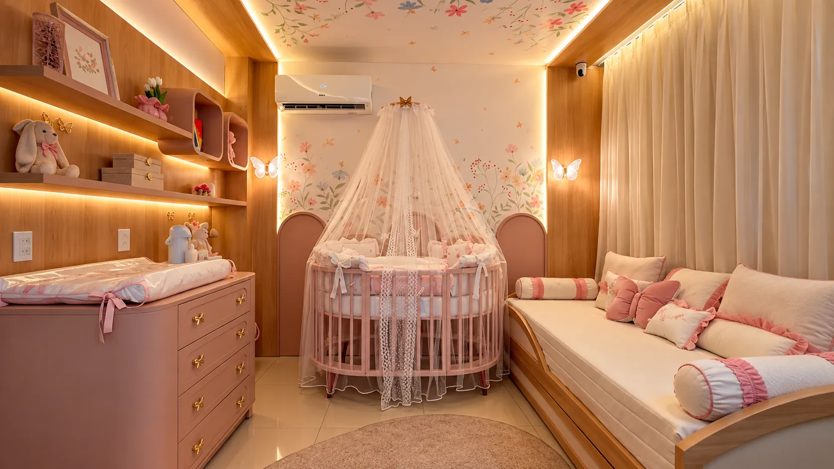 Quarto de bebê com mural floral
