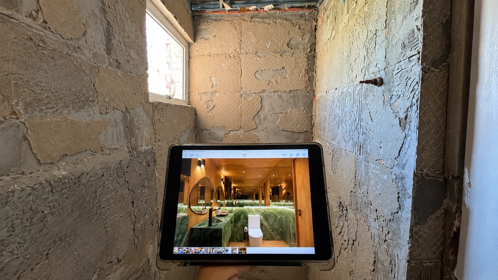 O mesmo lavabo em obra, com o projeto 3D aberto num tablet